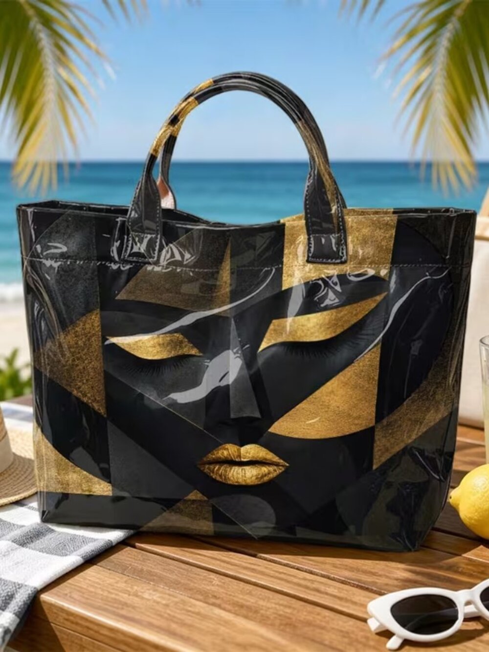 Black Gold Abstract Face Tote Bag Large Shopper Shoulder Bag Art Print Handbag - Picture 3 of 9